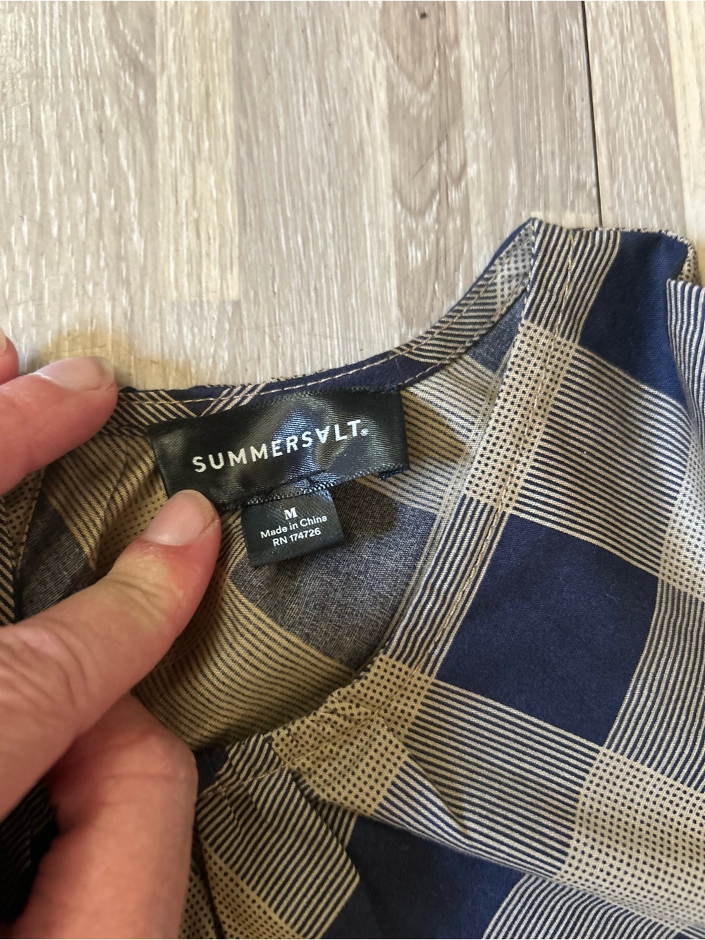 Summersalt Buffalo Plaid Tiered Midi Dress in Navy and Tan 100% Cotton Size Med - Picture 8 of 12